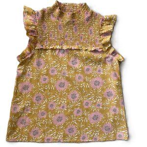 Floral blouse Sz Medium smocked, flutter sleeves Boho cottagecore gold and pink